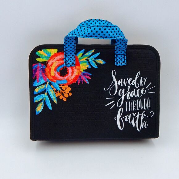 Bible Cover W Notebook Floral Black Teal Saved By Grace Through Faith Zippered - Picture 1 of 9